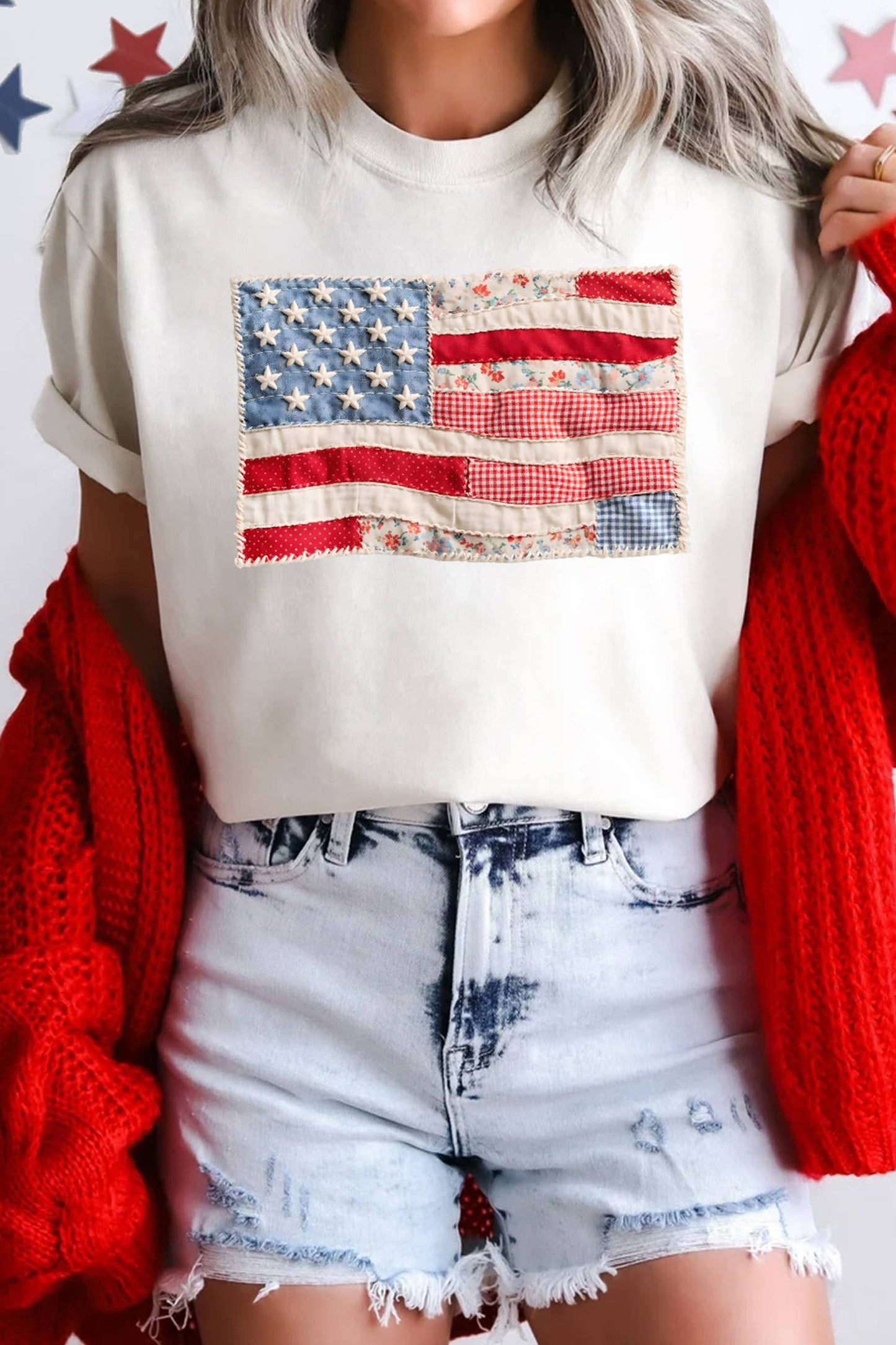 LDC 4th of July Faux Patchwork Printed US Flag Casual Tee: White / 3XL