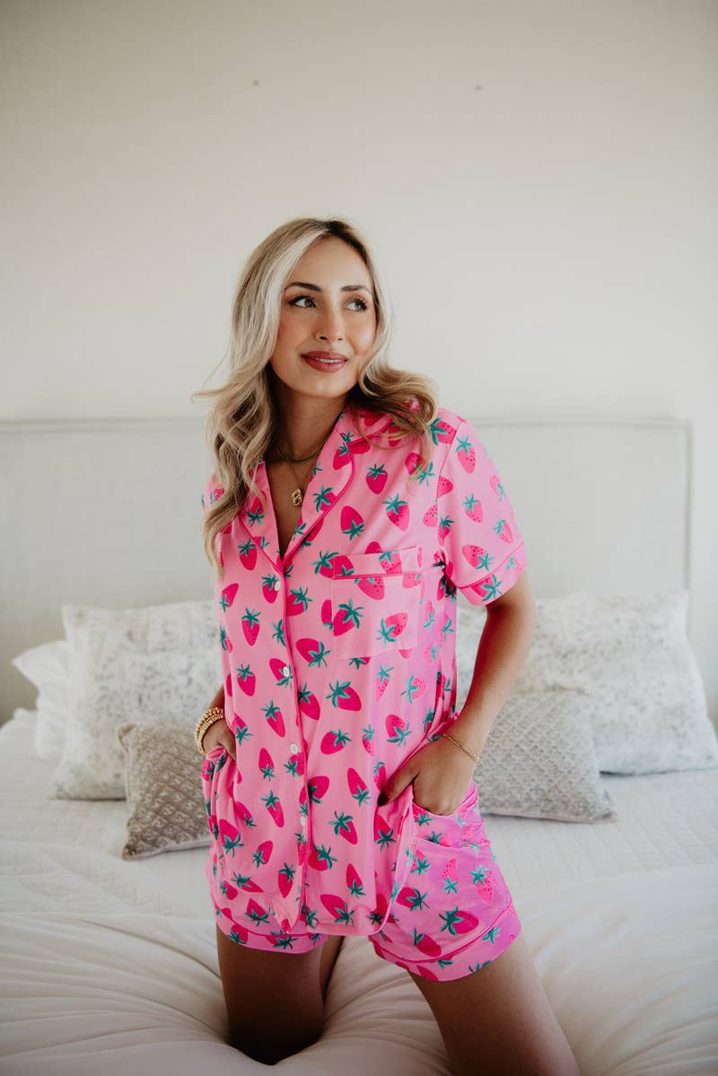 Pink Strawberry Print Pajama Sets for Women: Pink / S