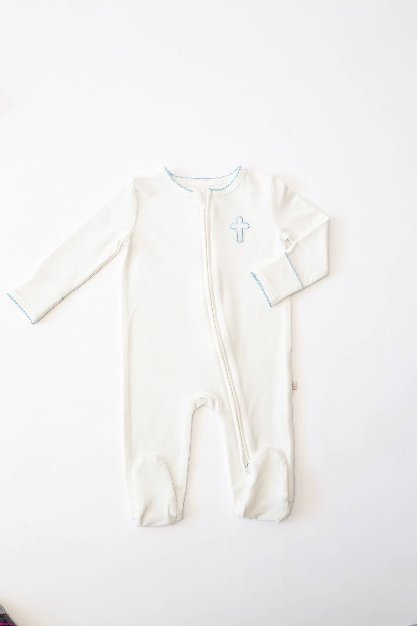 Blue Cross Embroidered Zip Romper: 0-3 mo