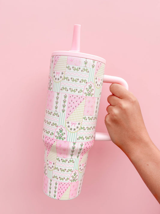 Floral Patchwork 40oz Tumbler - Spill Proof Lid + Flip Straw
