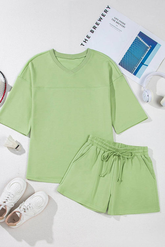 Solid V Neck Half Sleeve Tee and Shorts 2 Pcs Set | S-XL