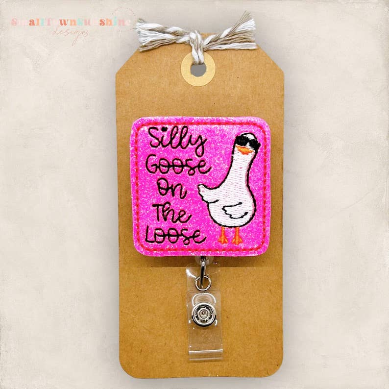 Pink Silly Goose on the Loose Badge Reel: Black / Swivel