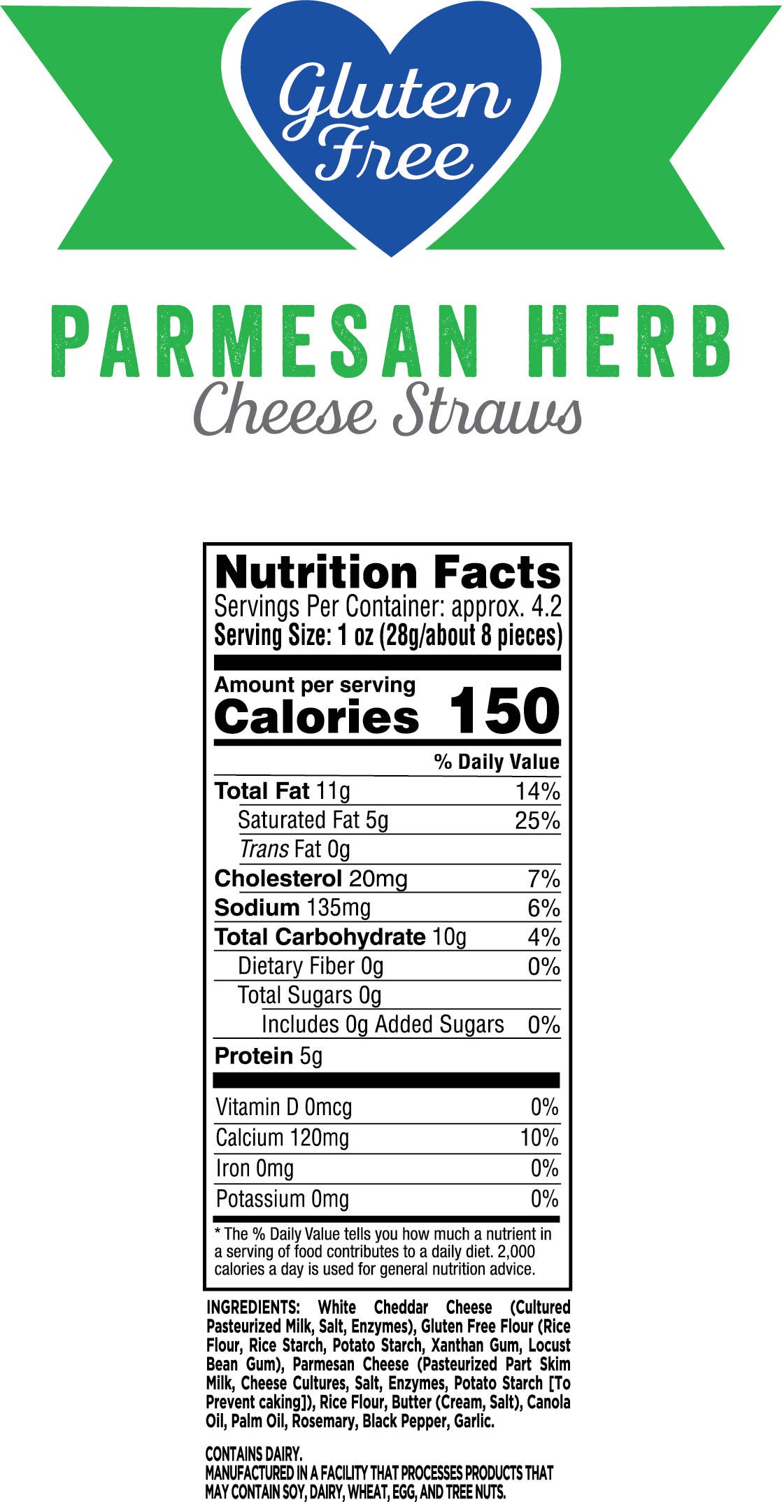 4.2 oz.  Gluten Free Certified Parmesan Herb Cheese Straws