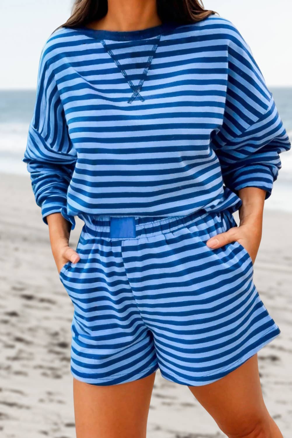Stripe Long Sleeve Top 2pcs Short Set