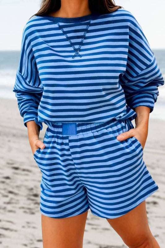 Stripe Long Sleeve Top 2pcs Short Set