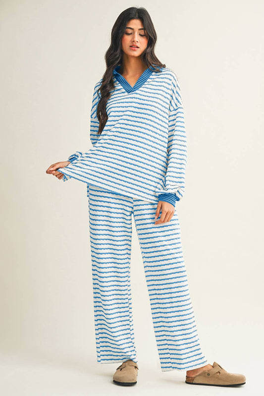 Stripe Collared Pullover Top and Drawstring Pant Set: Sky Blue