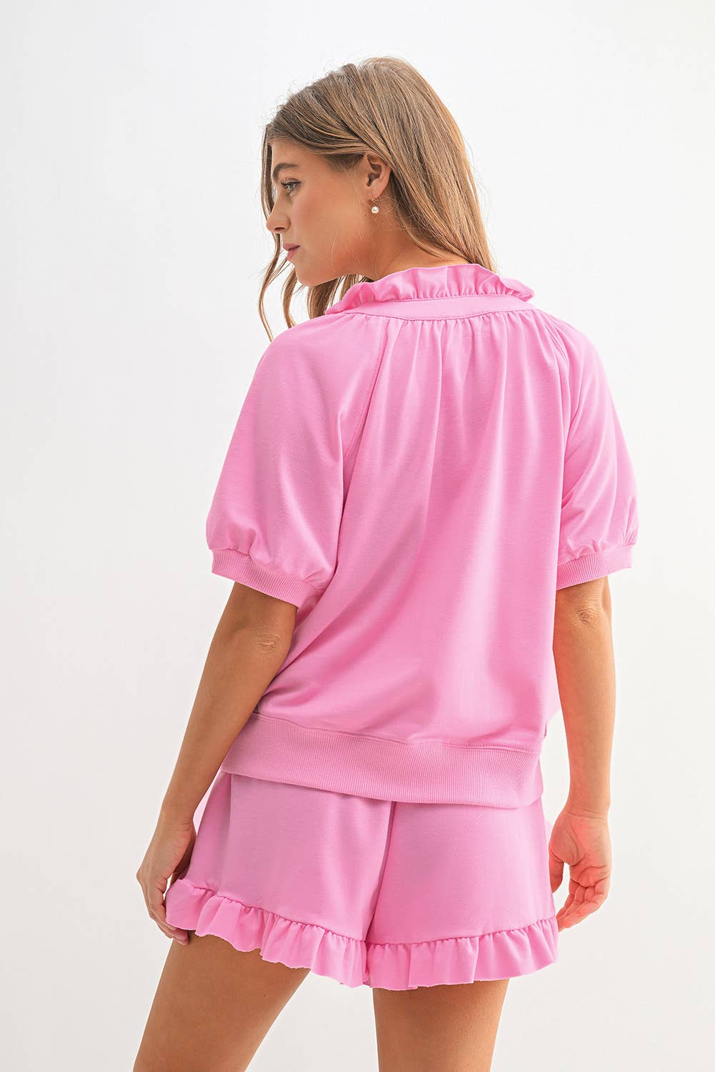 Pink  Zip Front Puff Sleeve Top & Ruffled Shorts Set | S-XL