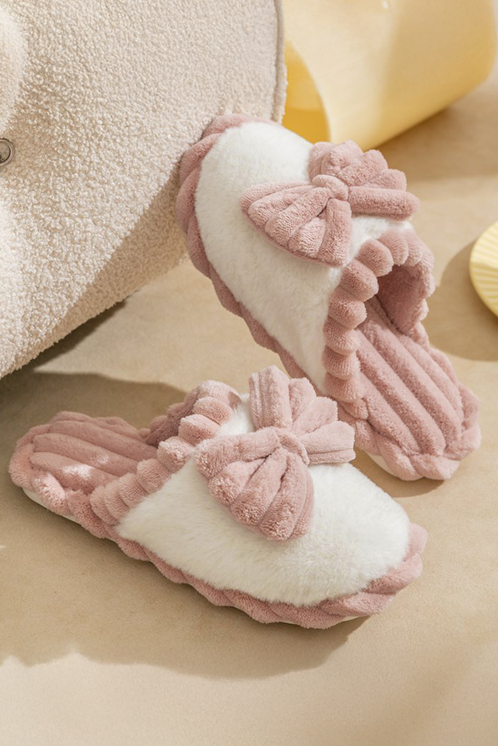 Bow Block Plush Slippers