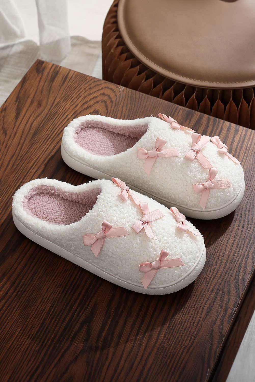 Bow Knot Trim Plush Slippers |  US8 (CN39)