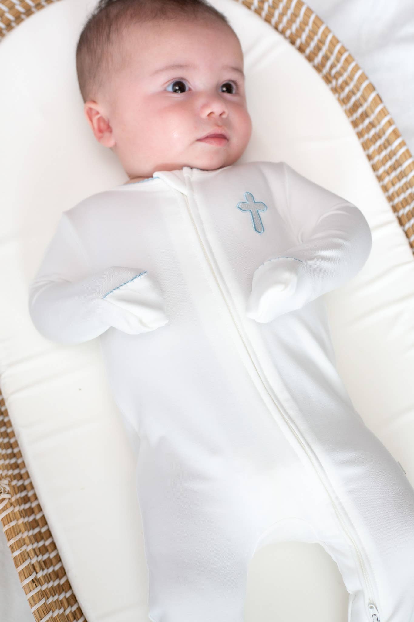 Blue Cross Embroidered Zip Romper: 0-3 mo
