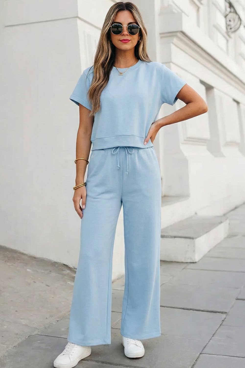 Soft Color Tee & Wide Leg Pants 2pcs Set