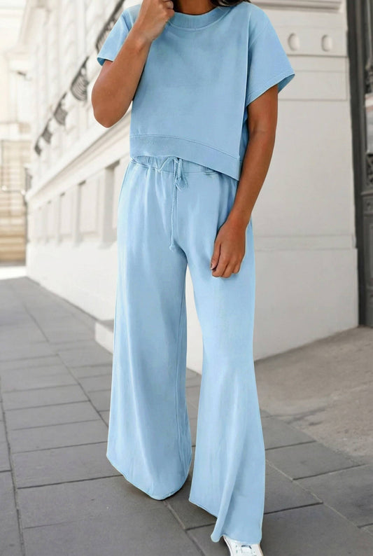 Soft Color Tee & Wide Leg Pants 2pcs Set