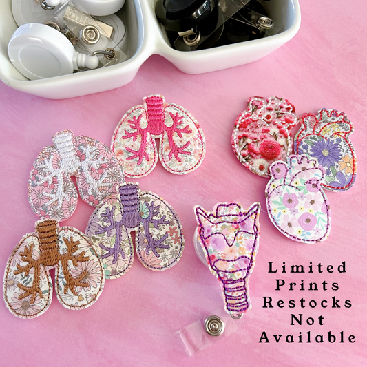 Bright Pink Floral Lungs Badge Reel - vegan leather: Black / Swivel