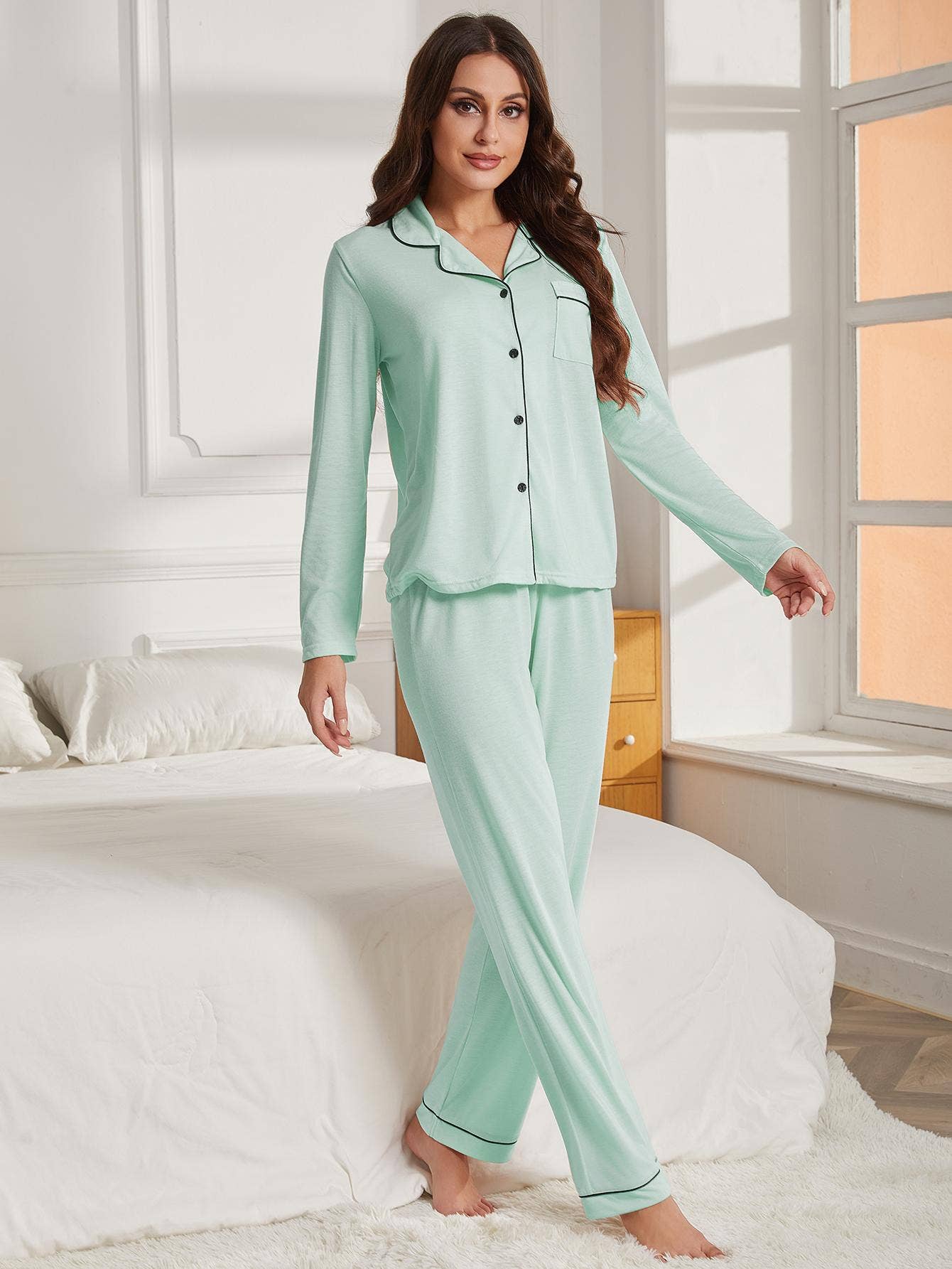 Light Green Women Pajama Set Long Sleeve Top and Pants