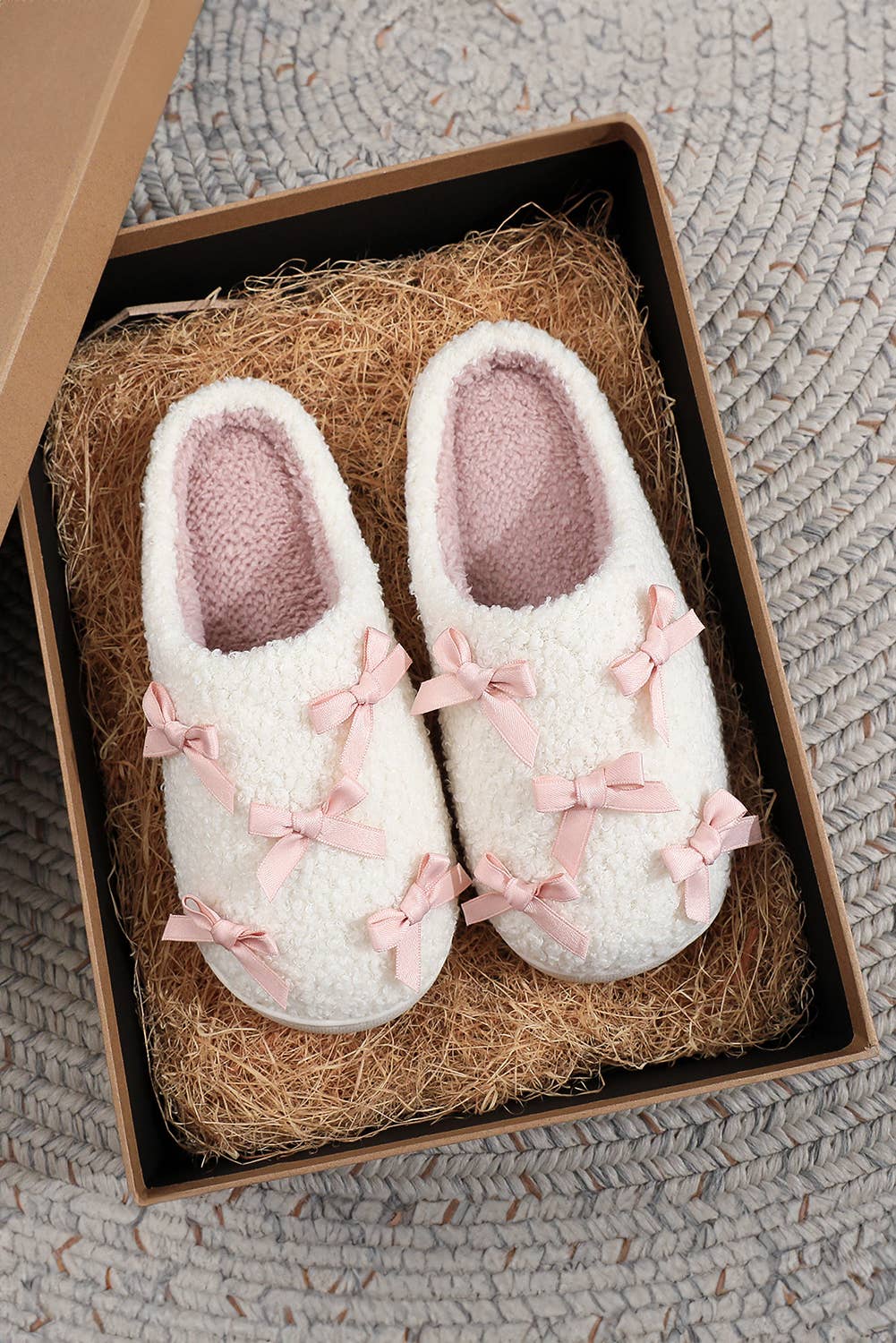 Bow Knot Trim Plush Slippers |  US8 (CN39)