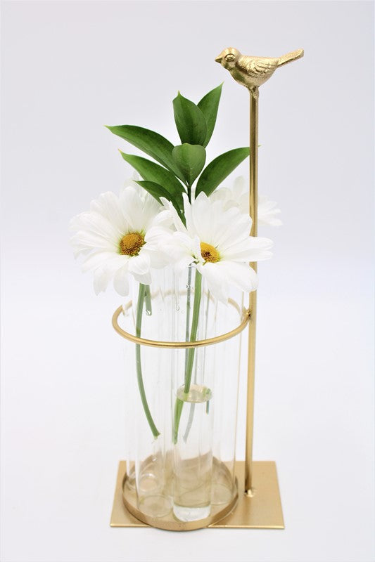 4.5x11" Test Tube Vase x7, Gold Metal Bird
