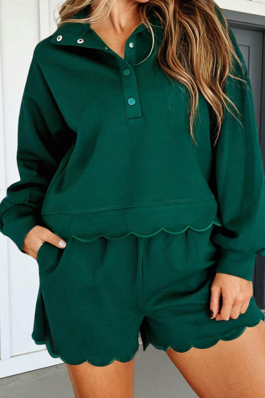 LAS Embroidered Scallop Button Pullover Short Set M
