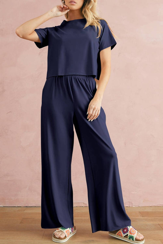 Navy Casual Raw Hem Tee & Wide Leg Pants Set | S-2XL
