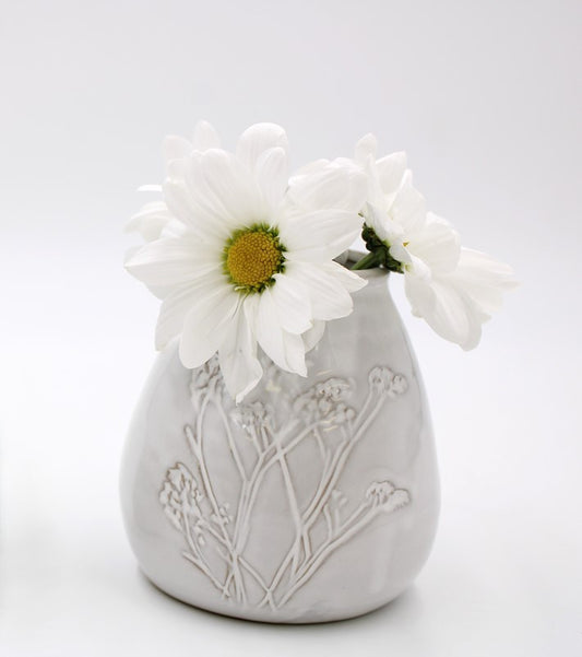 4" Ceramic Vase with Debossed Flowers, White
