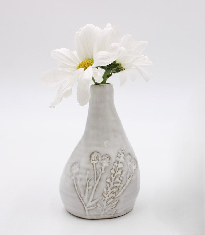 4" Skinny Ceramic Vase with Debossed Flowers, White