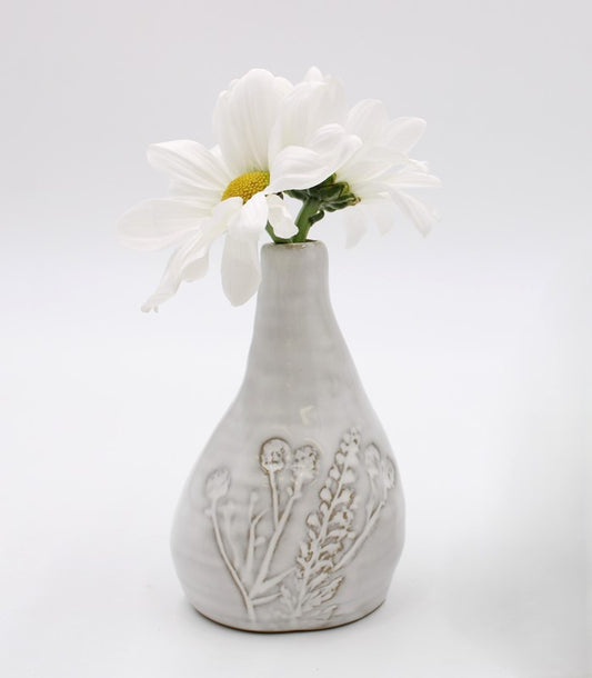 4" Skinny Ceramic Vase with Debossed Flowers, White