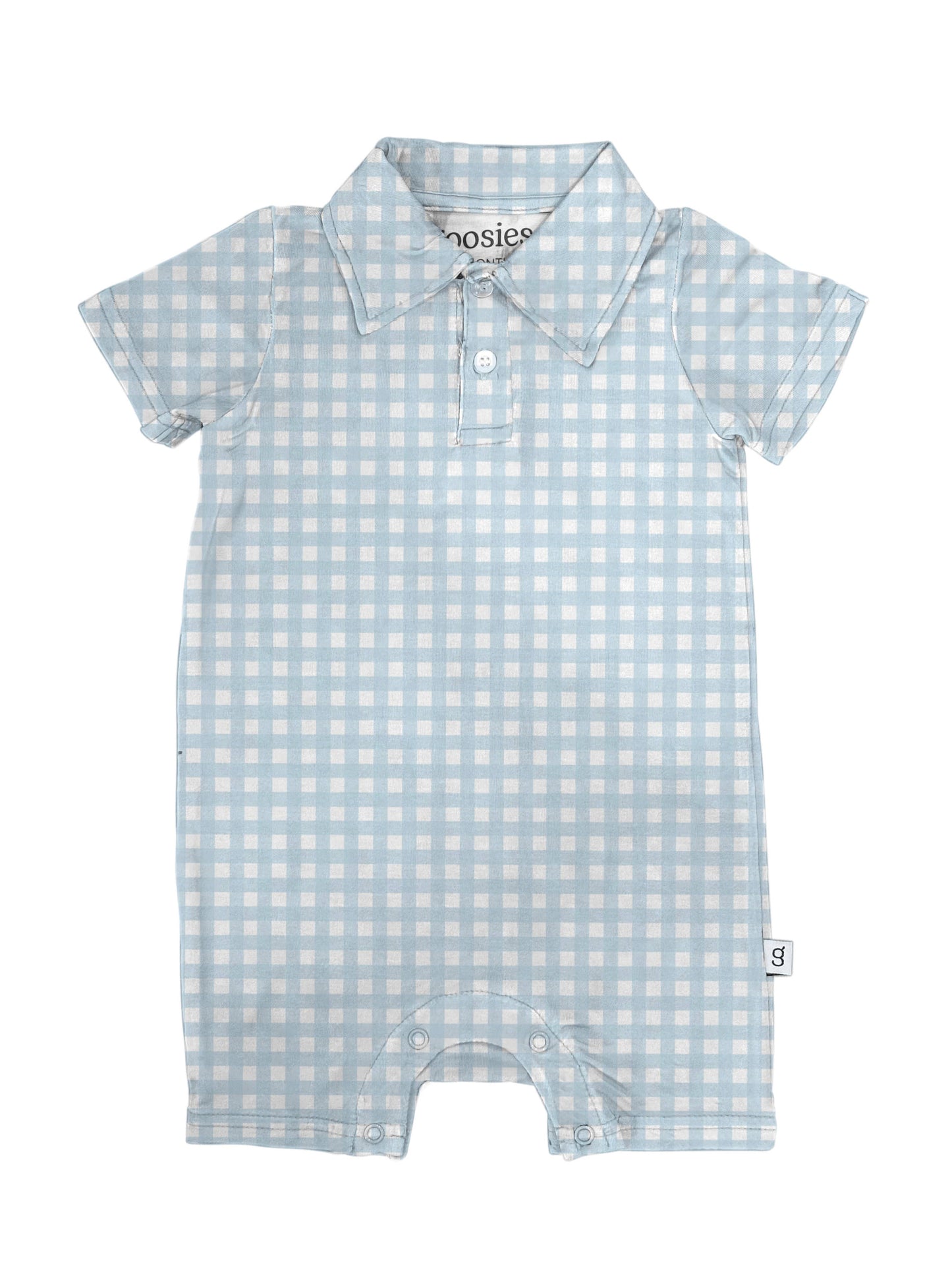 Baby Blue Gingham- Short Sleeve Polo Romper: 0-3 mo
