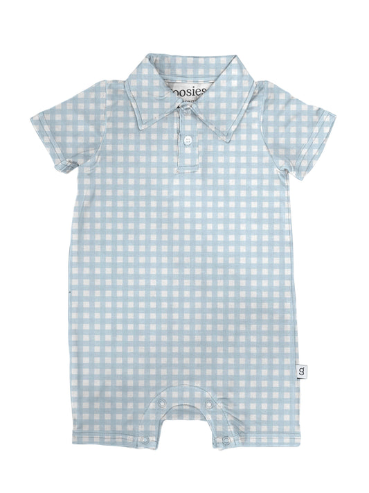 Baby Blue Gingham- Short Sleeve Polo Romper: 0-3 mo