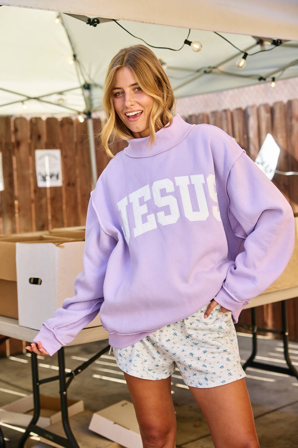 'JESUS' Embroidered Mockneck Sweatshirt LAVENDER