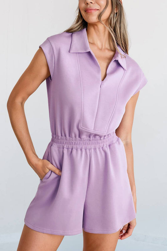 Zipper Collared Elastic High Waist Romper | S-XL