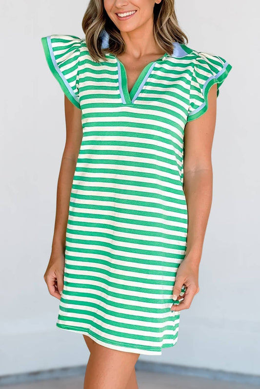 Contrast Striped Ruffle Short Sleeve V-Neck Fit Dress | S-XL