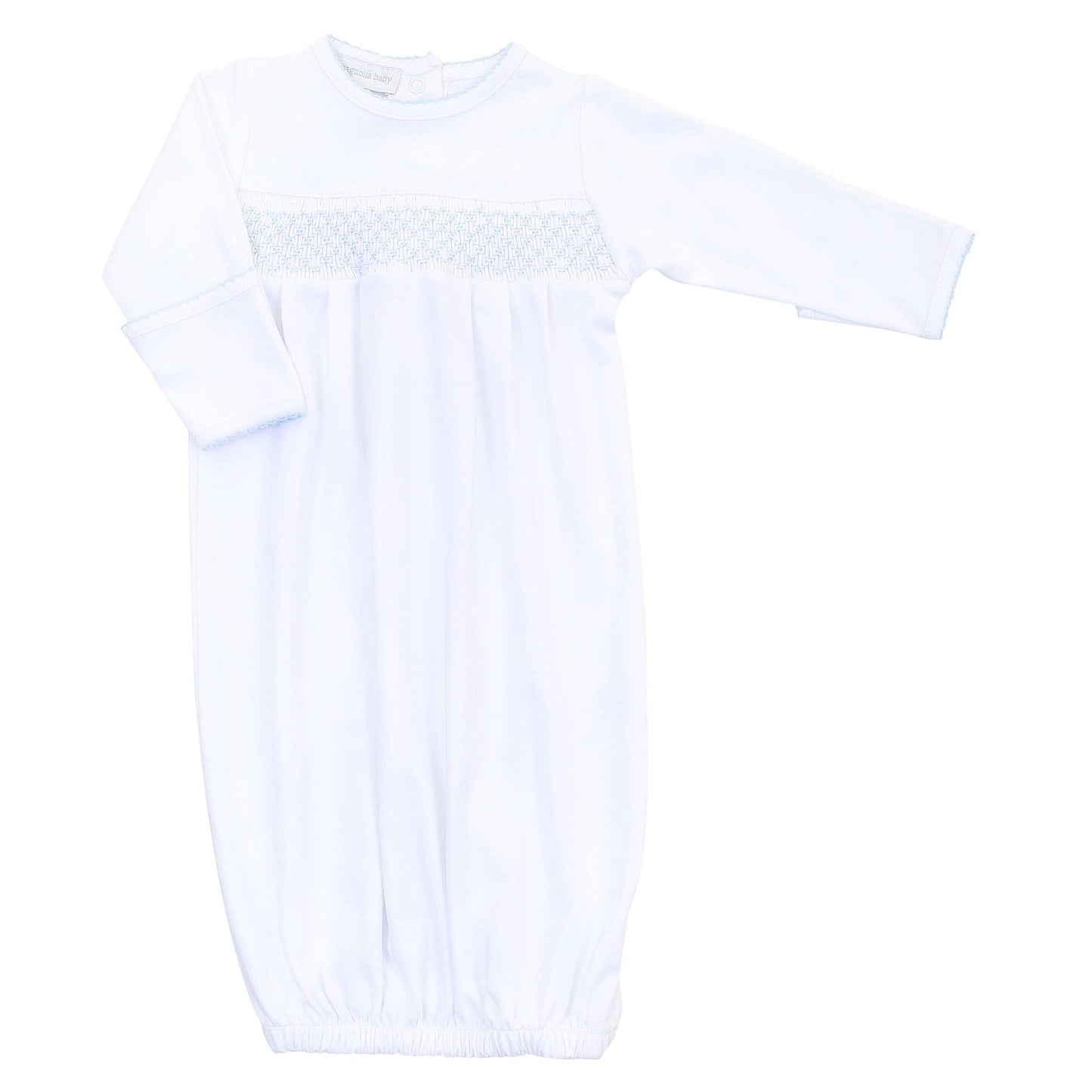 Solid Essentials White Blue Smocked Gown: Newborn