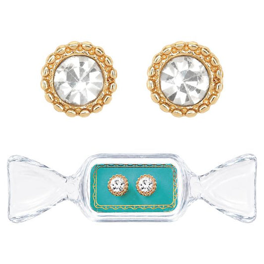 Candy Dish Earrings Rhinestones Round Studs- Aqua