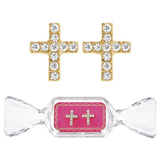 Candy Dish Earrings Rhinestone Cross- Hot Pink