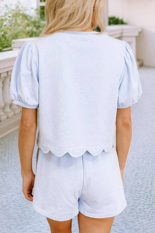 Puff Sleeve Pearl Beaded Scallop Trim Top 2 Piece Skort: Beau Blue