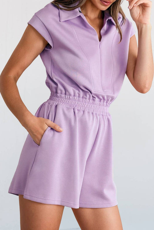 Zipper Collared Elastic High Waist Romper | S-XL