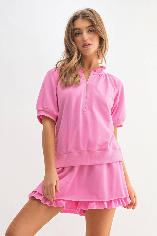 Pink  Zip Front Puff Sleeve Top & Ruffled Shorts Set | S-XL