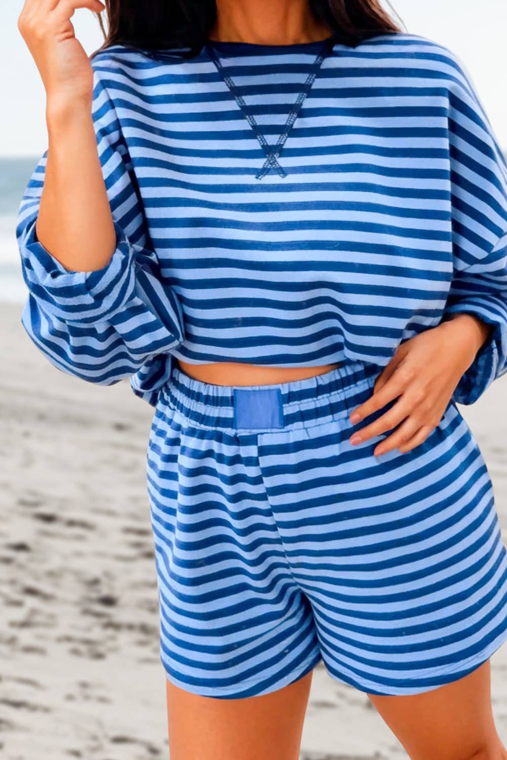 Stripe Long Sleeve Top 2pcs Short Set