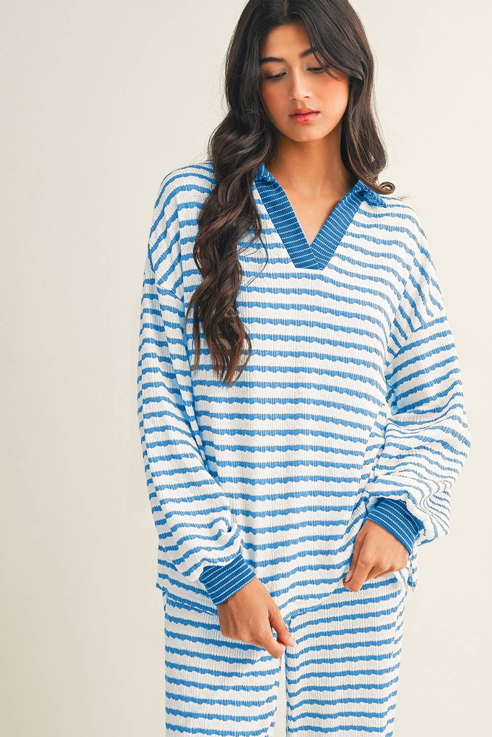 Stripe Collared Pullover Top and Drawstring Pant Set: Sky Blue