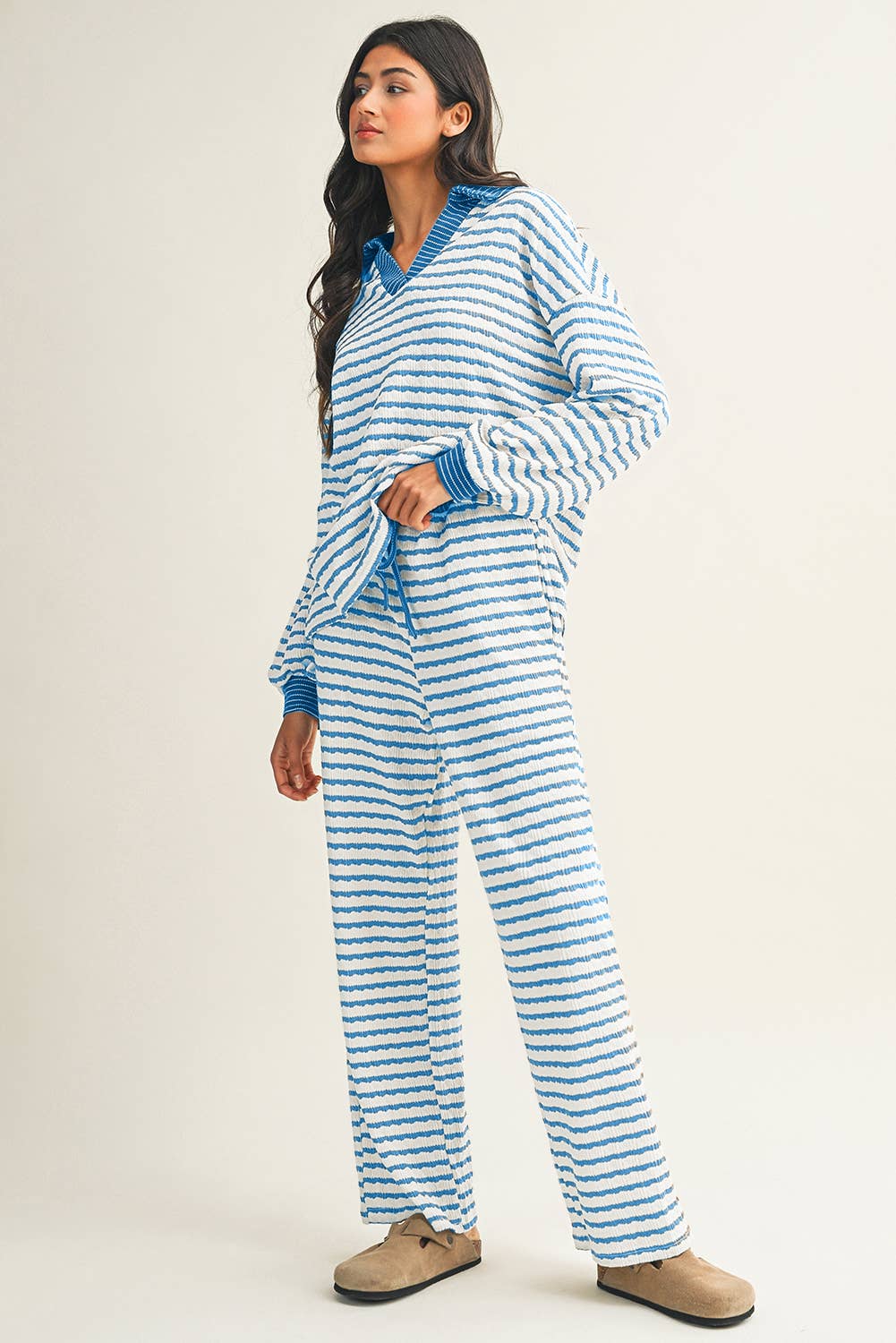 Stripe Collared Pullover Top and Drawstring Pant Set: Sky Blue