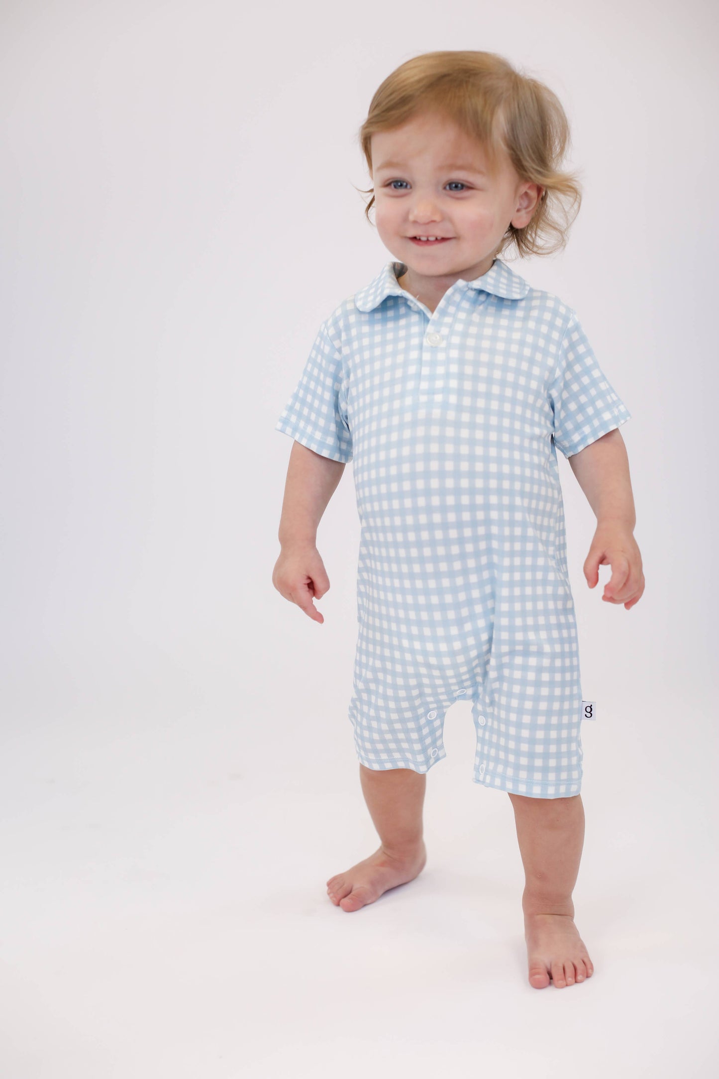 Baby Blue Gingham- Short Sleeve Polo Romper: 0-3 mo