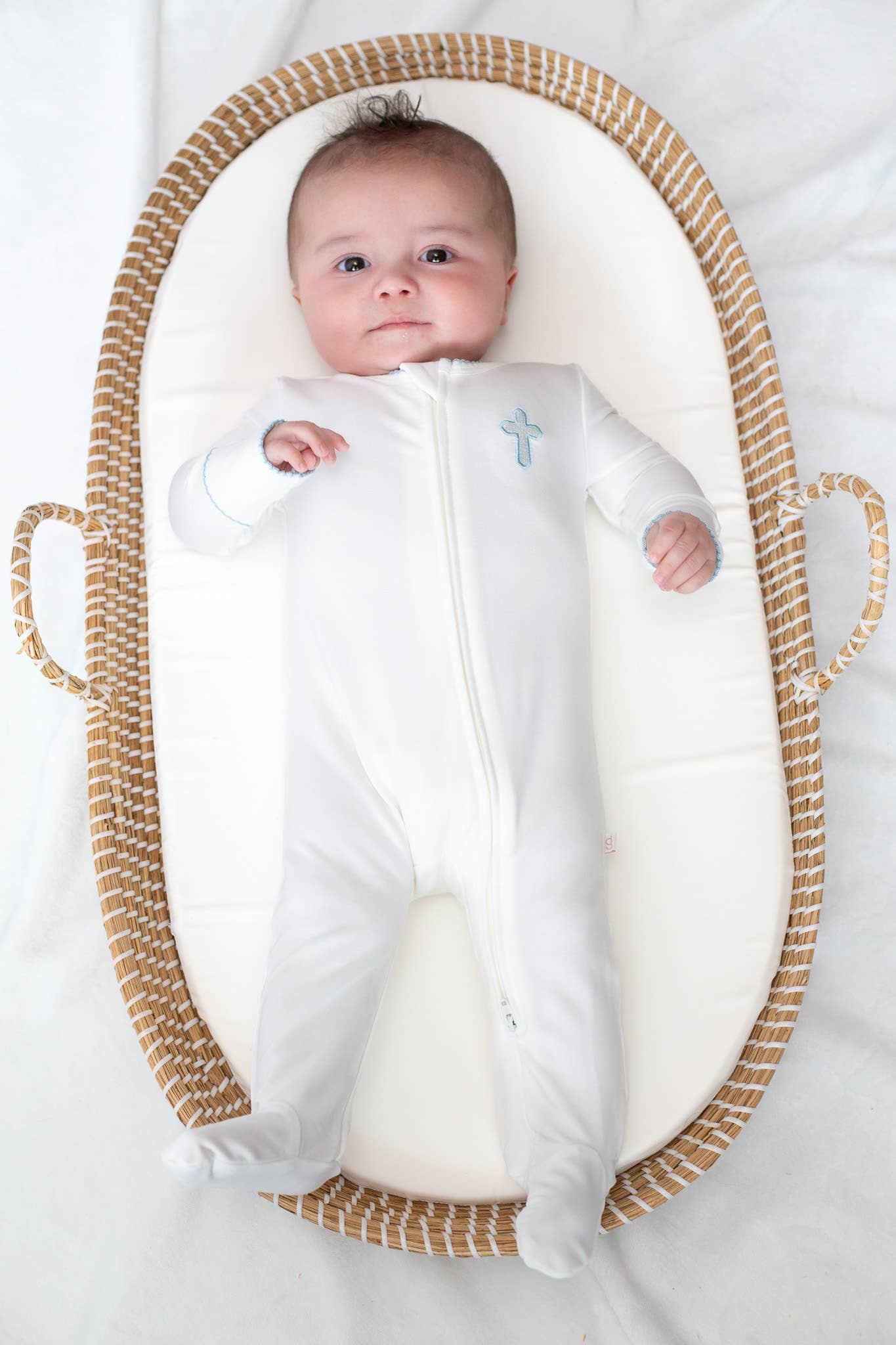 Blue Cross Embroidered Zip Romper: 0-3 mo