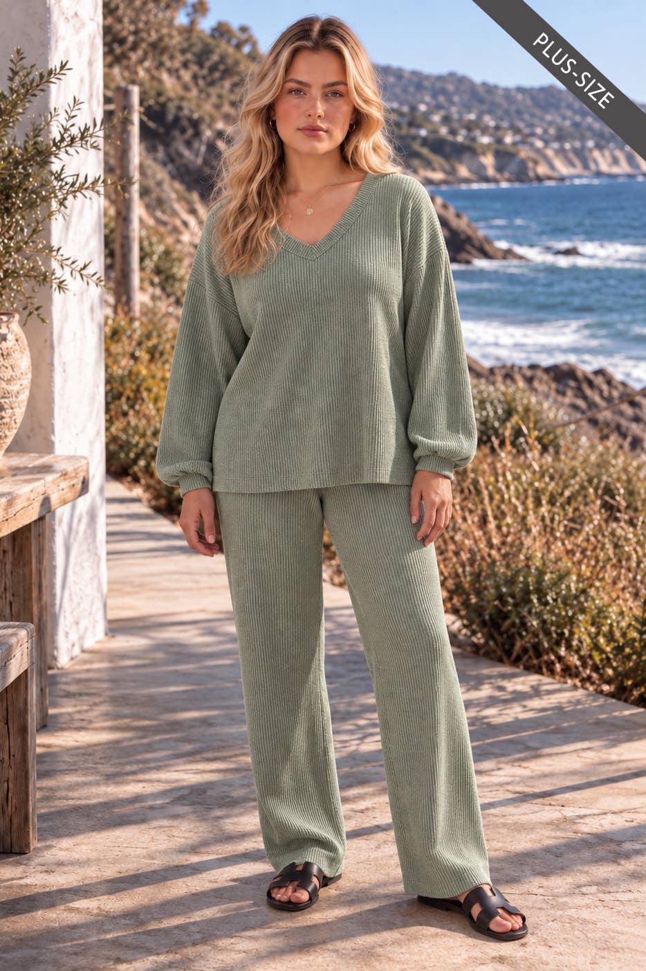 PLUS SIZE 2-Piece V-Neck Pants Set in SAGE GROVE
