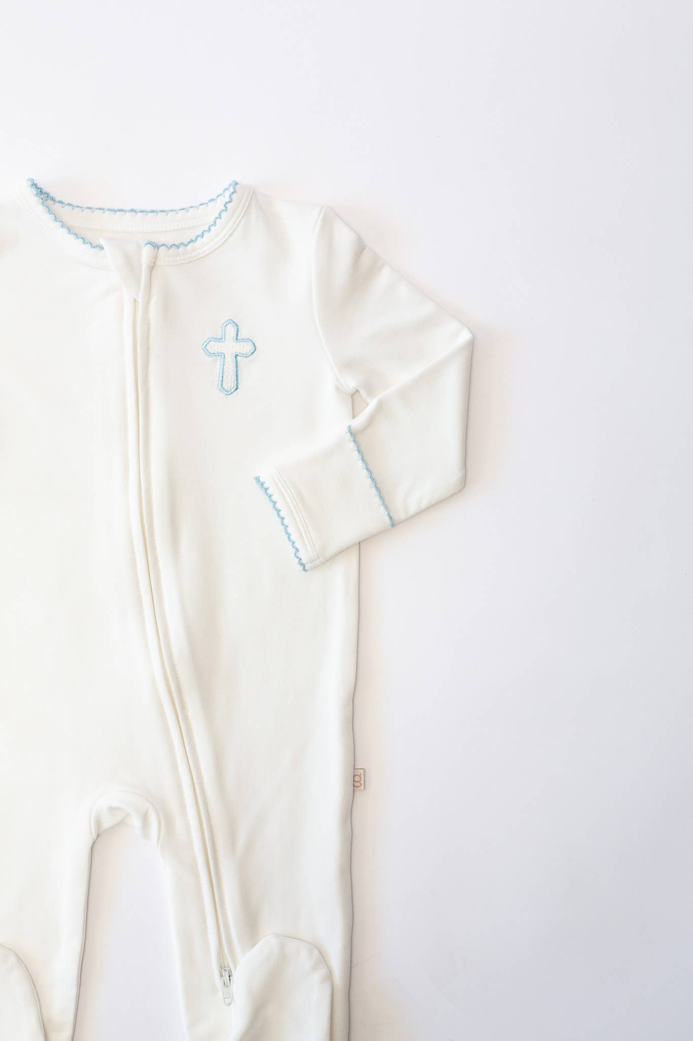 Blue Cross Embroidered Zip Romper: 0-3 mo