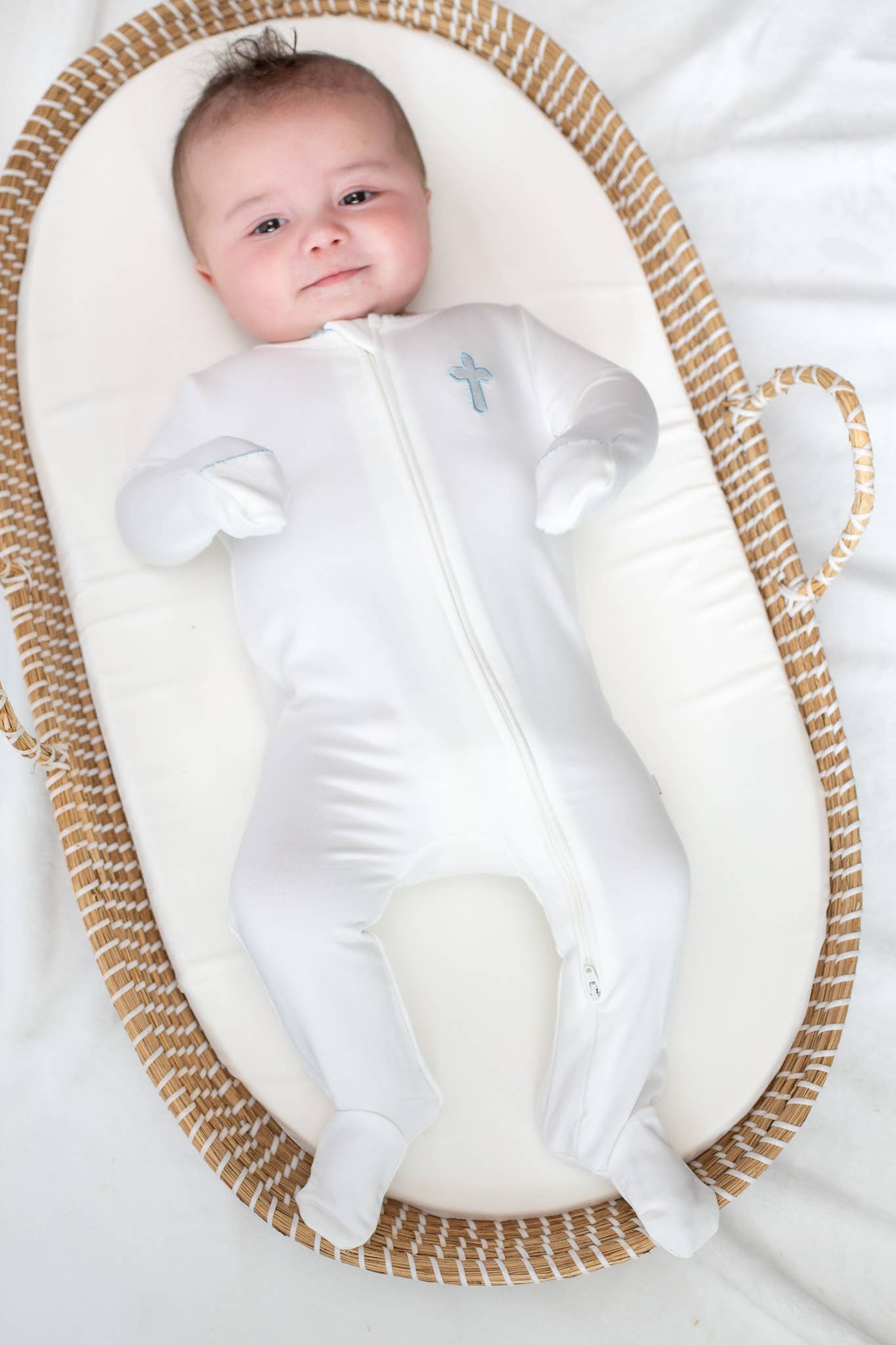 Blue Cross Embroidered Zip Romper: 0-3 mo