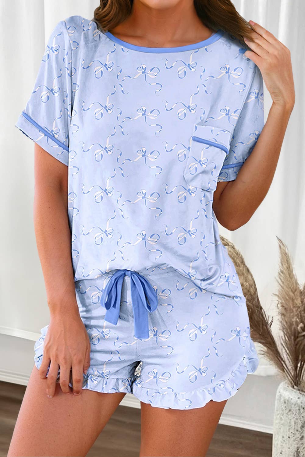 Bow Waves Printed Piping Trim Lounge Short 2pcs Set: Sky Blue
