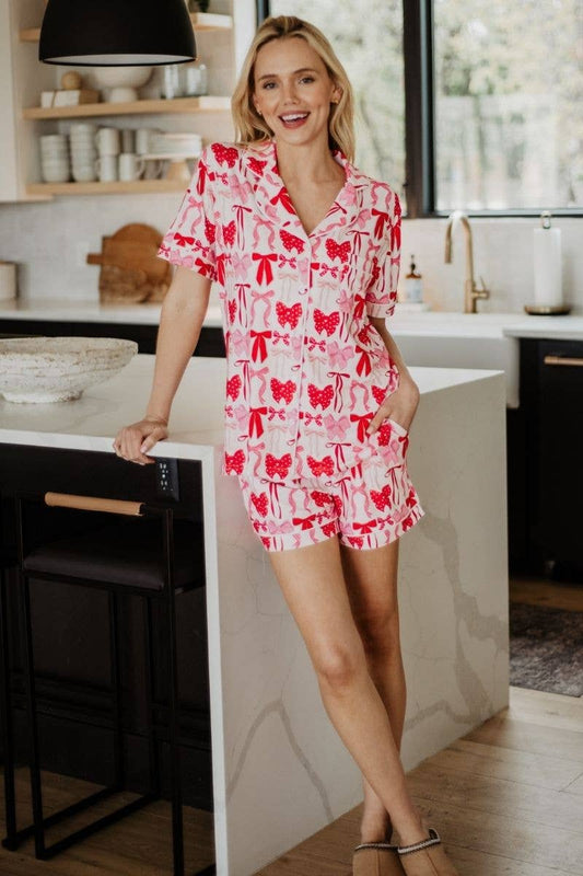 Pink & Red Coquette Bows Christmas PJ Short Set: White / XL