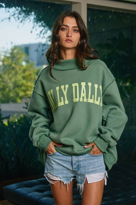 'DILLY DALLY' Mockneck Sweatshirt Green/Neon lime