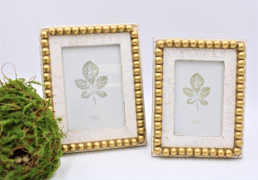 Wood Beaded Photo Frame, White with Gold