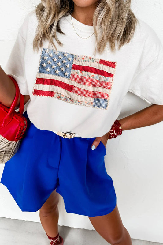 LDC 4th of July Faux Patchwork Printed US Flag Casual Tee: White / L
