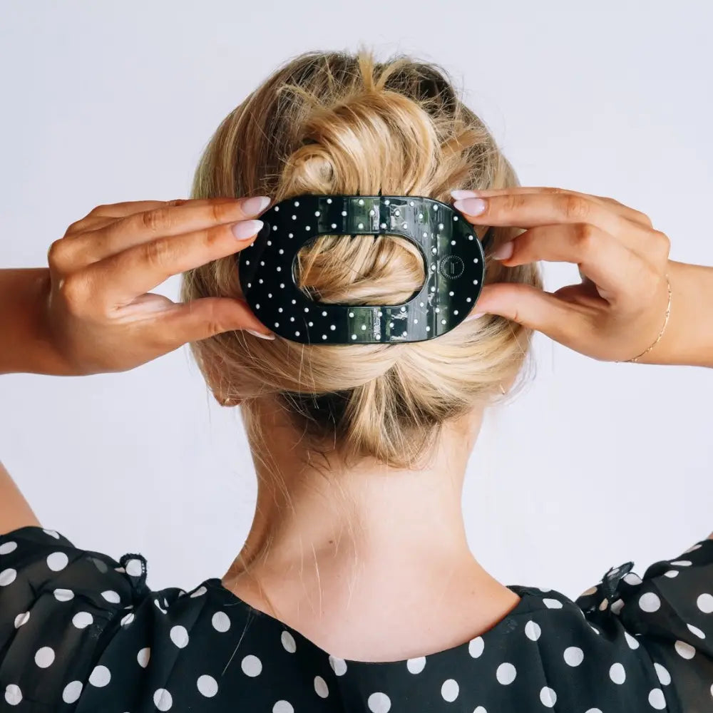Flat Round Hair Clip | Black Polka Dot Party